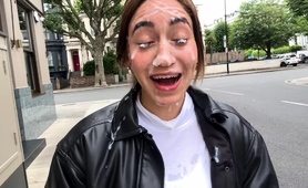 Slut walks around in public with cum all over her face